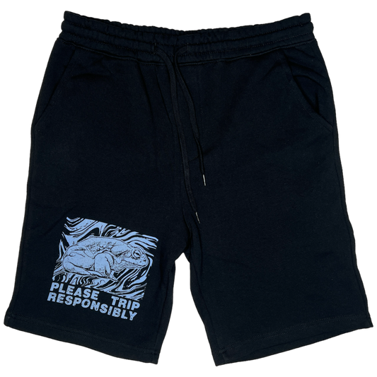 "Please Trip Responsibly" - Blue Sky on Black Sweatshorts