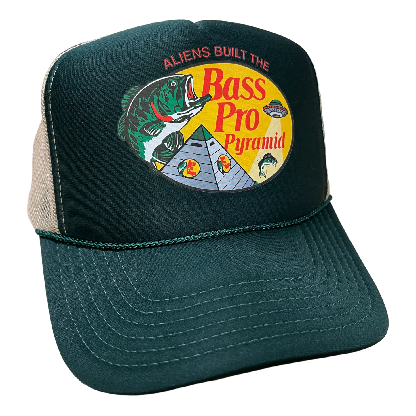 "Aliens Built The Bass Pro Pyramid" - Dark Green/Khaki Trucker Hat