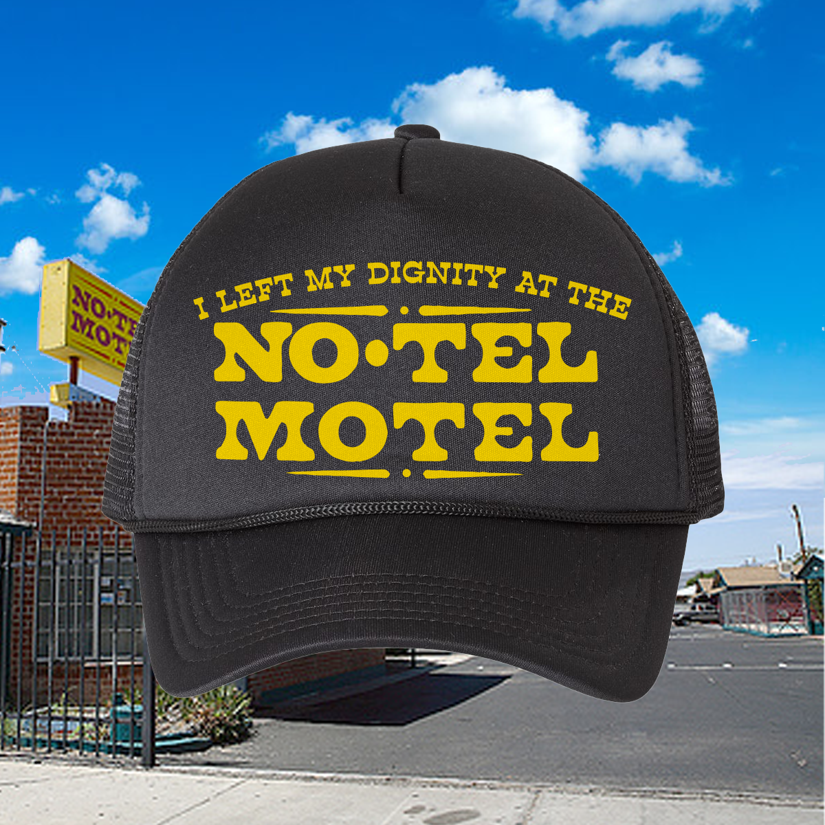 "No Tel Motel" - Black Trucker Hat